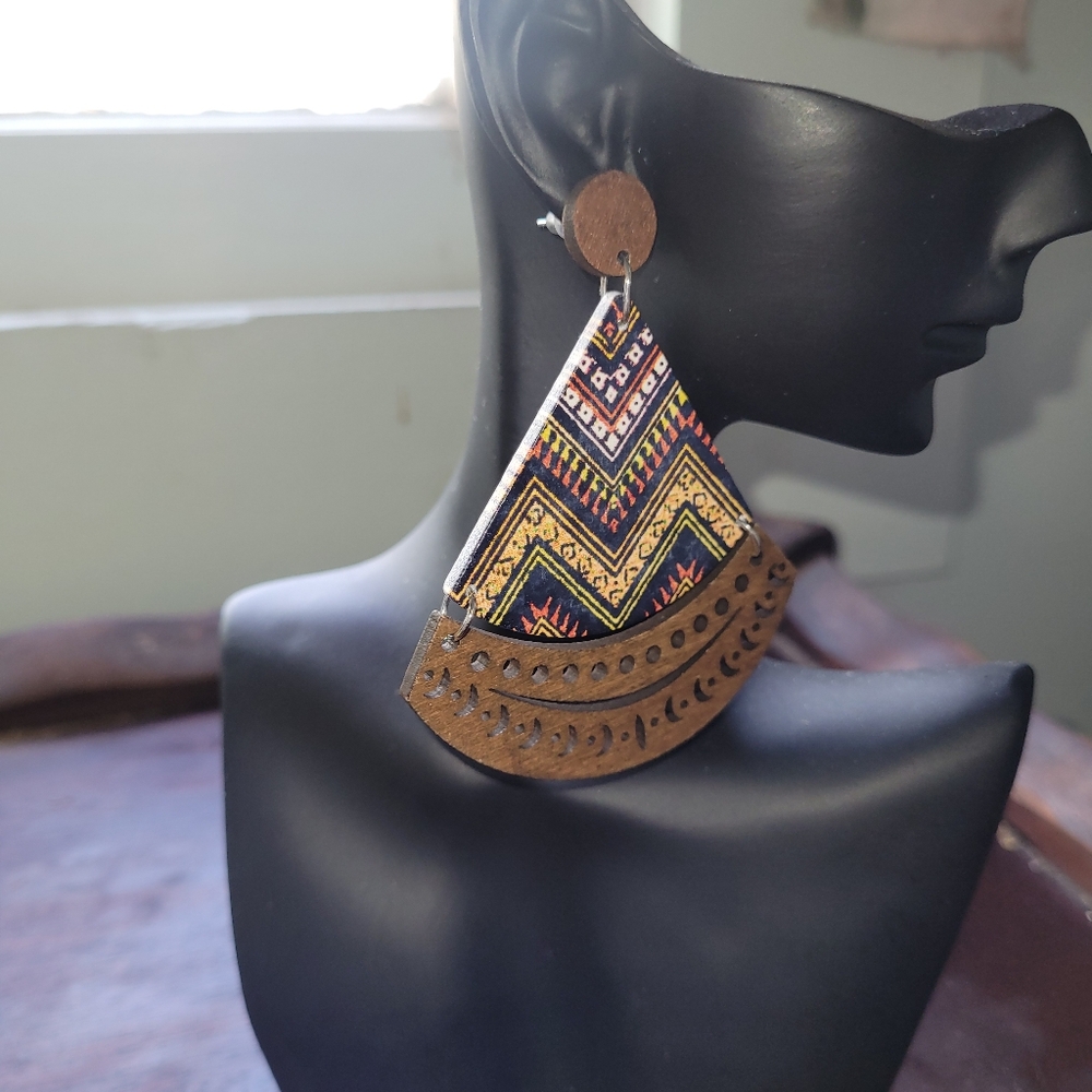 Tribal Inspired Gold and Brown Statement Earrings - Made out of wood
